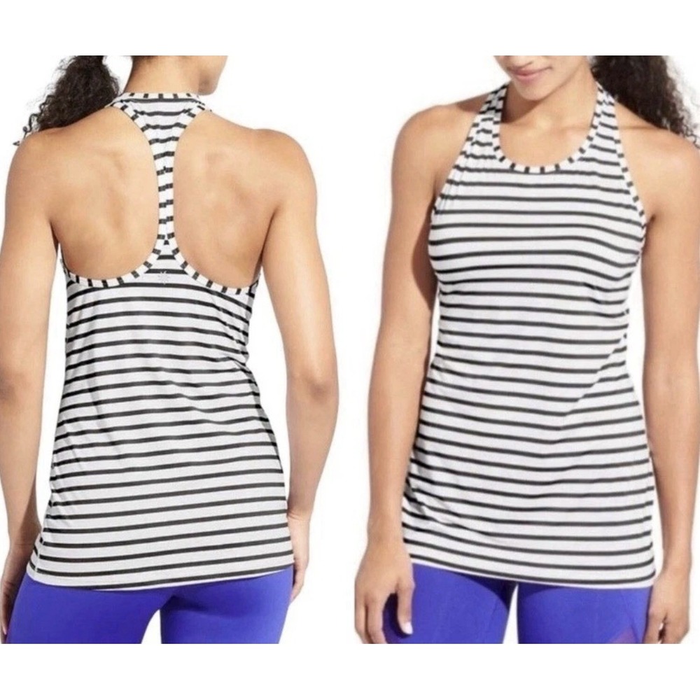 Athleta Women's High Neck Chi White Navy Striped Racerback Scoop Neck Tank Top L